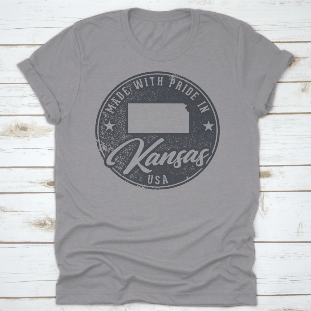 A comfortable t-shirt made from 100% cotton, featuring a Kansas state map packaging label, showcasing its quality and classic fit.